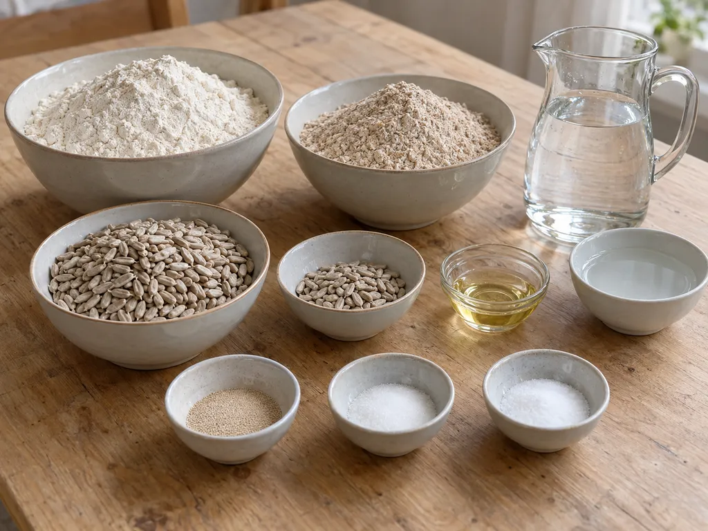 Mehle, Hefe, Sonnenblumenkerne, Wasser, Öl, Zucker und Salz für Sonnenblumenkernbrot