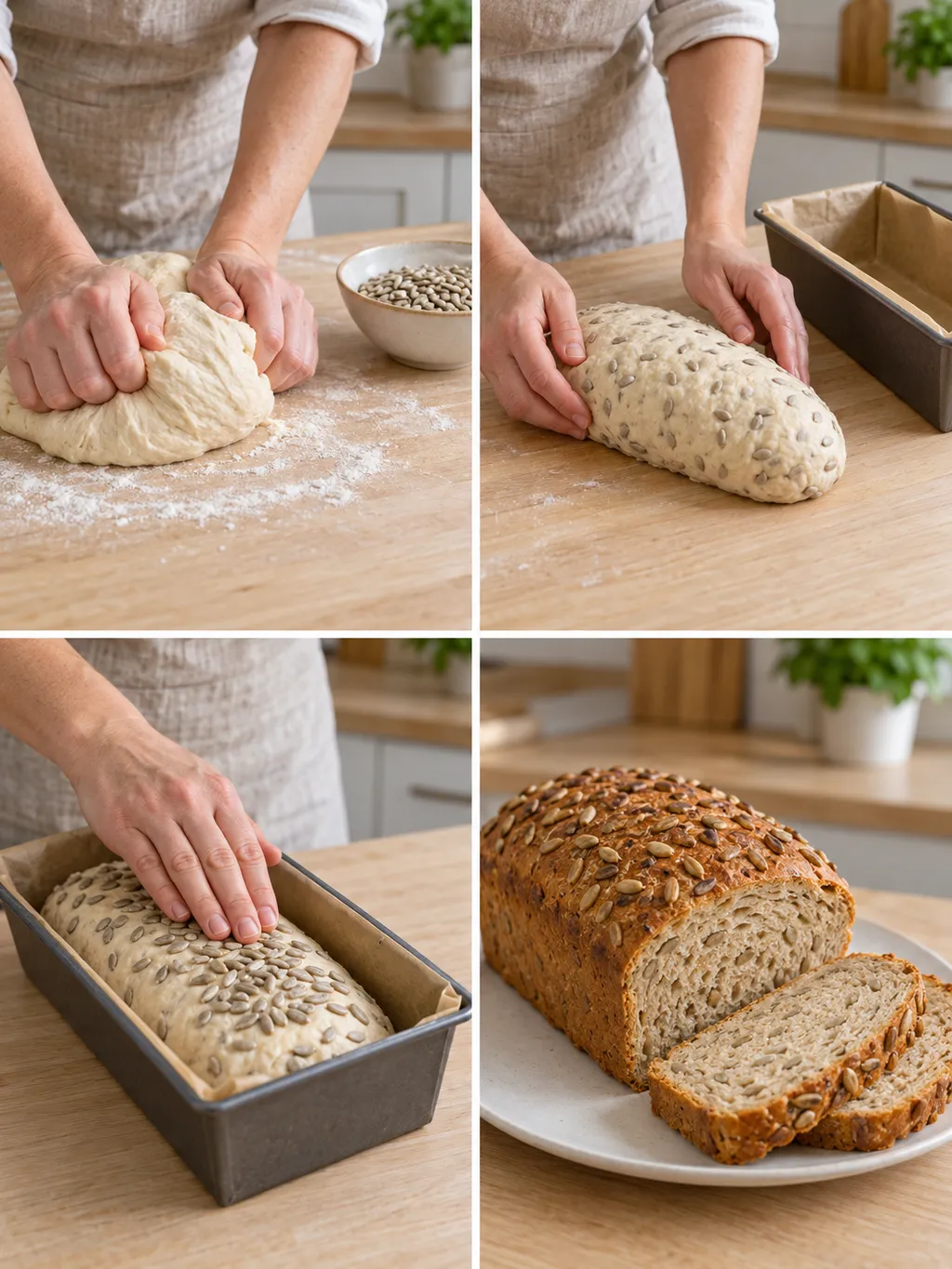 Teig kneten, Brot formen, Sonnenblumenkerne auflegen und fertig gebackenes Kernbrot