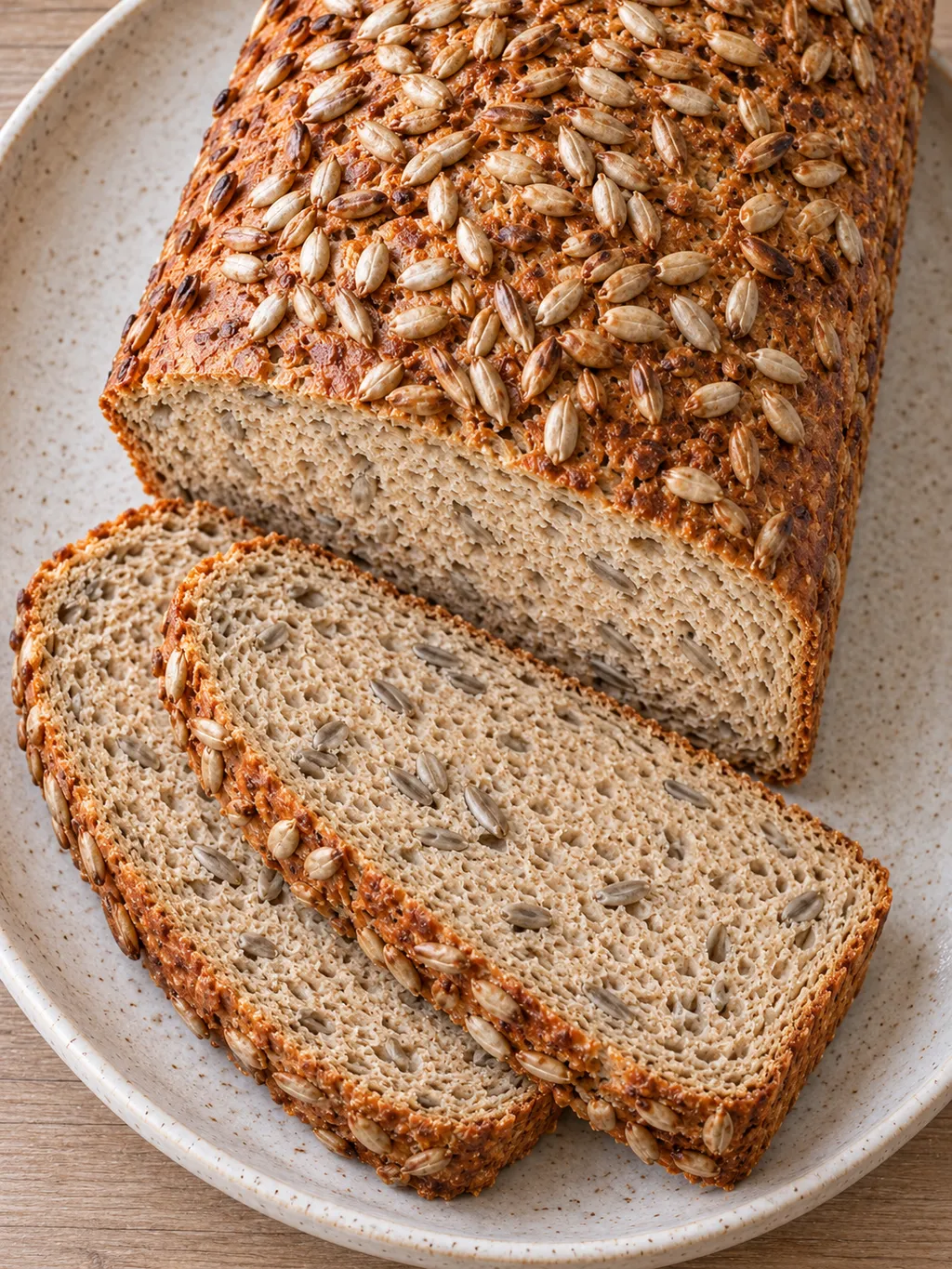 Sonnenblumenkernbrot mit gerösteten Kernen und sichtbarer kleinporiger Krume