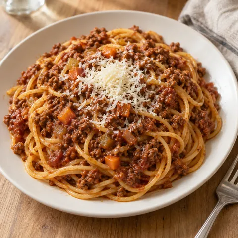 Spaghetti Bolognese mit kräftiger Hackfleischsoße und frisch geriebenem Parmesan