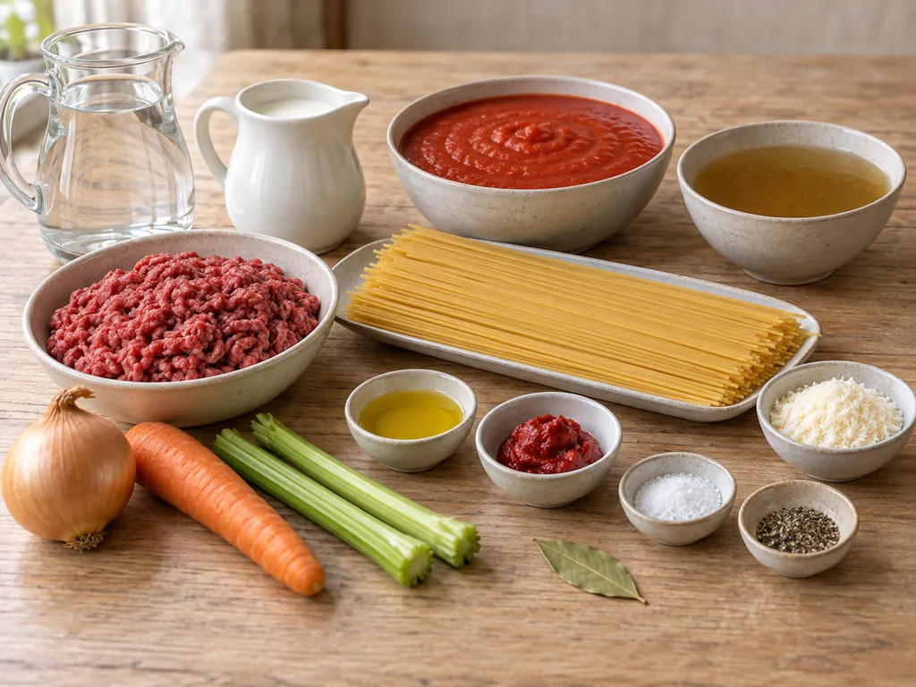 Rinderhack, Spaghetti, Gemüse, Tomaten, Milch und Parmesan für Spaghetti Bolognese