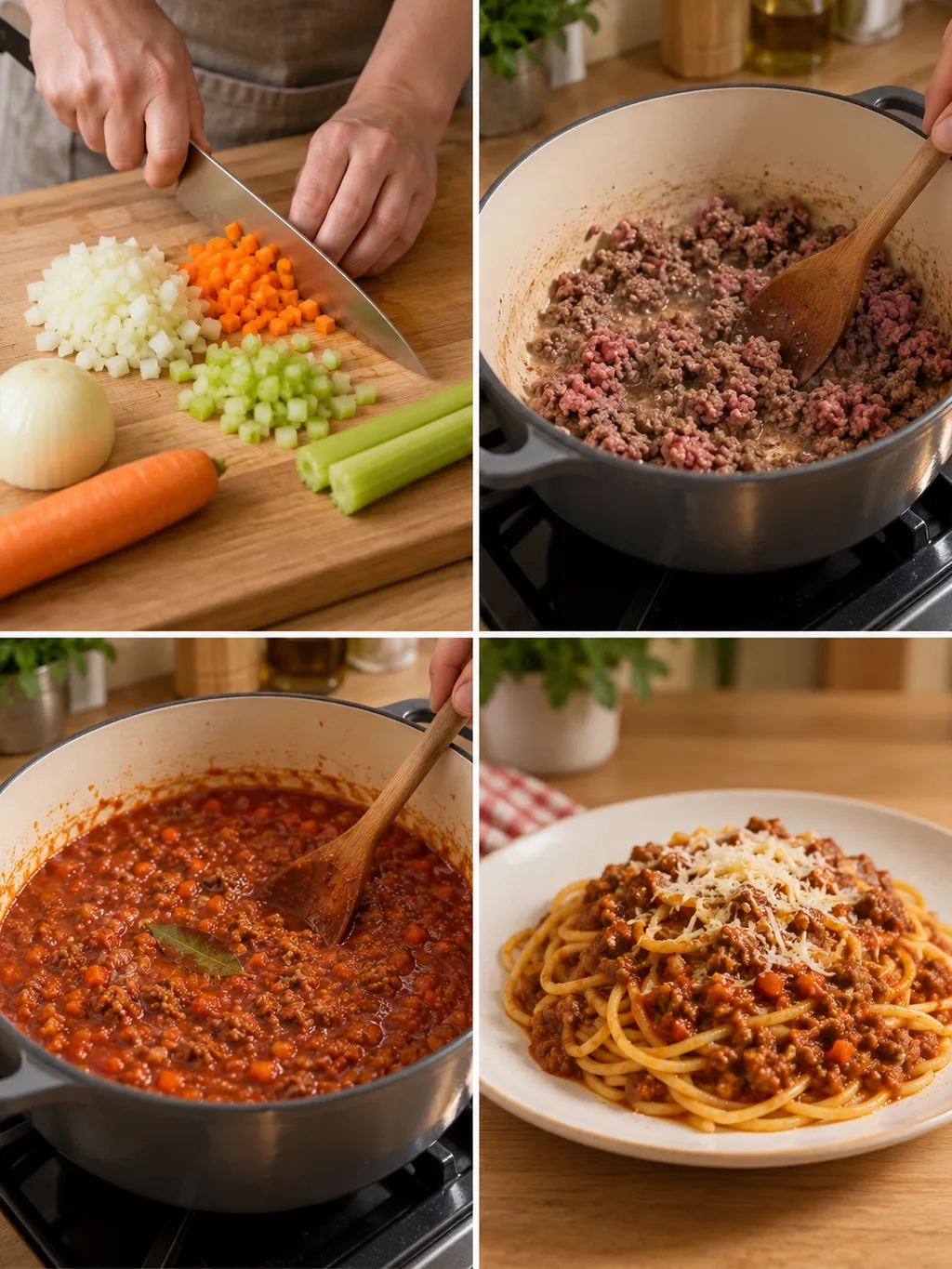 Gemüse schneiden, Hackfleisch anbraten, Bolognese schmoren und fertige Spaghetti servieren