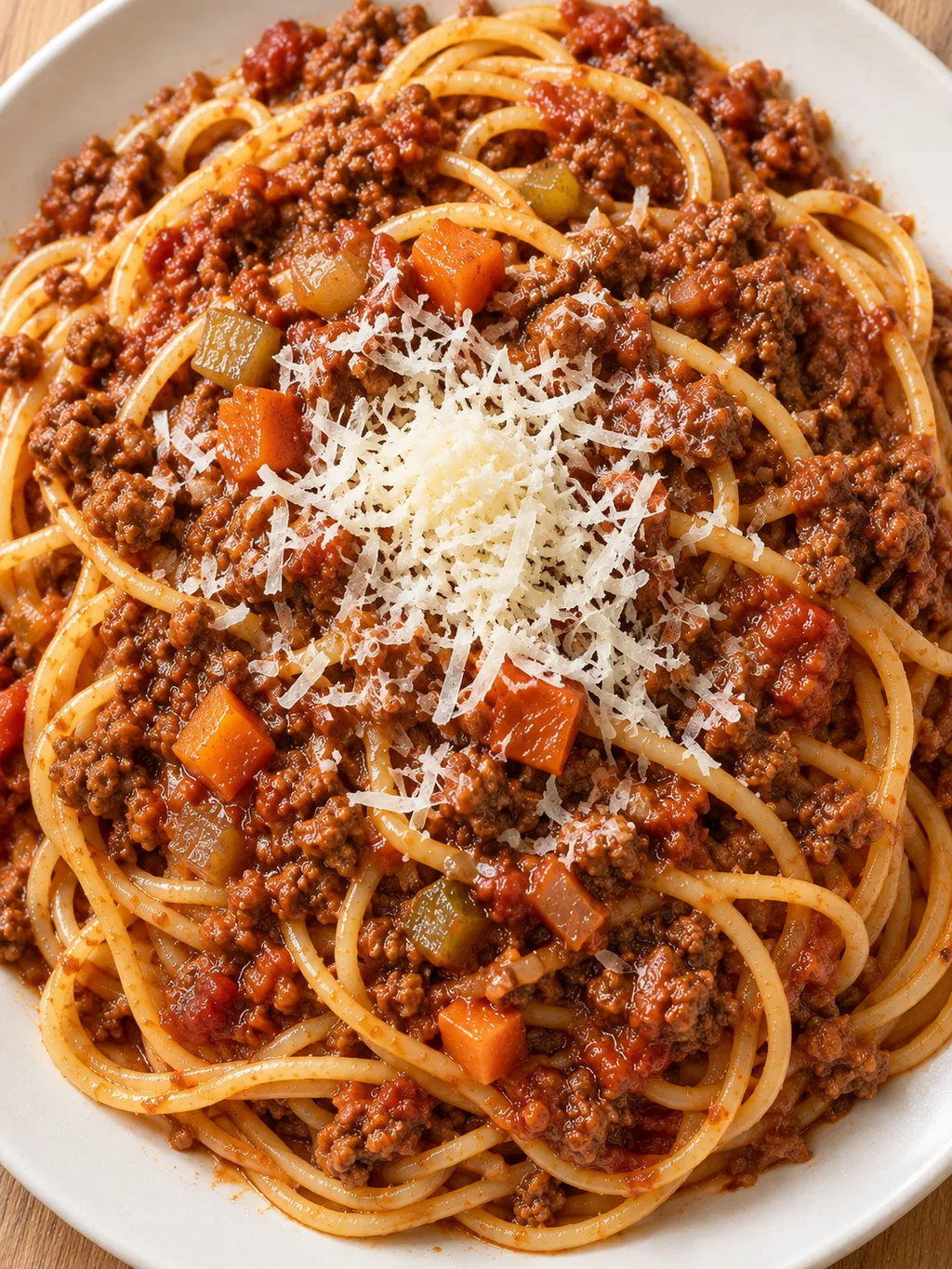 Spaghetti mit sämiger Bolognese, feinen Gemüsewürfeln und Parmesan auf hellem Teller