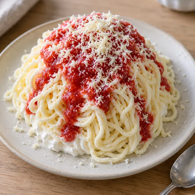 Spaghettieis mit roter Erdbeersoße und weißen Schokoladenraspeln auf einem hellen Teller