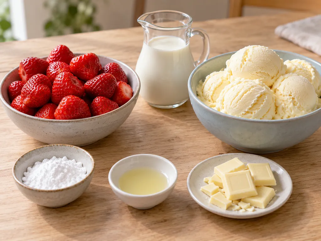 Erdbeeren, Puderzucker, Zitronensaft, weiße Schokolade, Sahne und Vanilleeis für Spaghettieis
