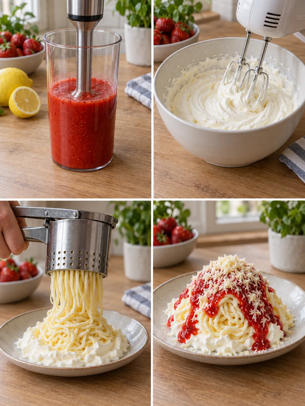 Erdbeersoße pürieren, Sahne schlagen, Vanilleeis pressen und fertiges Spaghettieis anrichten