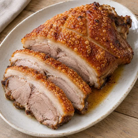 Spanferkelschulter mit goldbrauner Schwarte, aufgeschnittenem Fleisch und Bratensaft