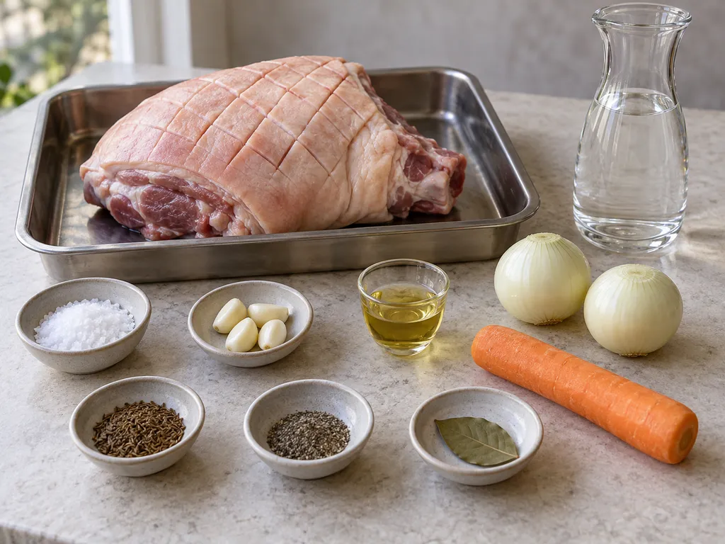 Spanferkelschulter, Kümmel, Knoblauch, Salz und Bratengemüse auf einer hellen Arbeitsfläche