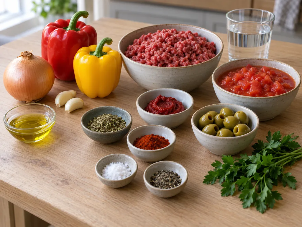 Rinderhack, Paprika, Tomaten, grüne Oliven und Gewürze für die spanische Hackfleischpfanne