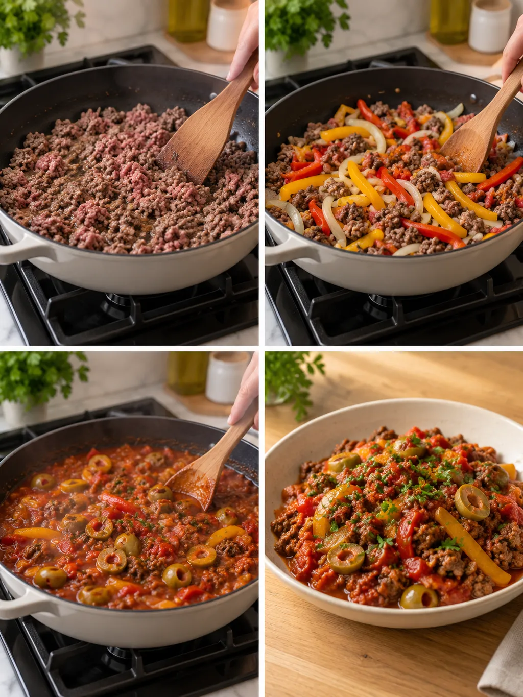Anbraten und Schmoren der Hackfleischpfanne sowie das fertige Gericht mit Paprika und Oliven