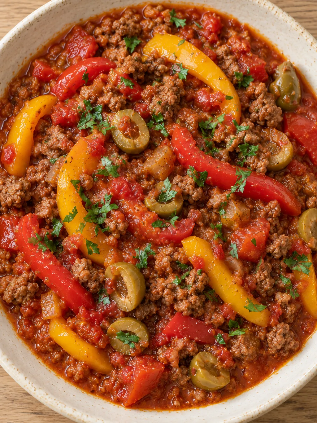 Hackfleisch in sämiger Tomatensoße mit bunten Paprikastreifen, grünen Oliven und Petersilie