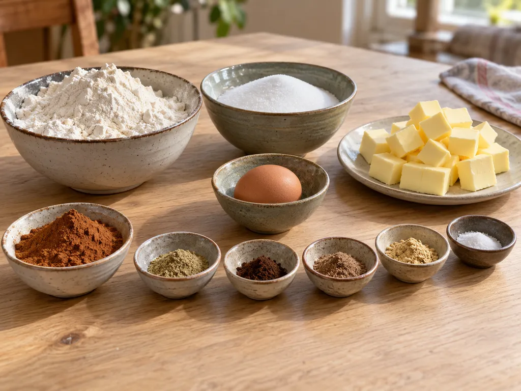 Mehl, Zucker, Butter, Ei und einzeln angerichtete Gewürze für Spekulatius