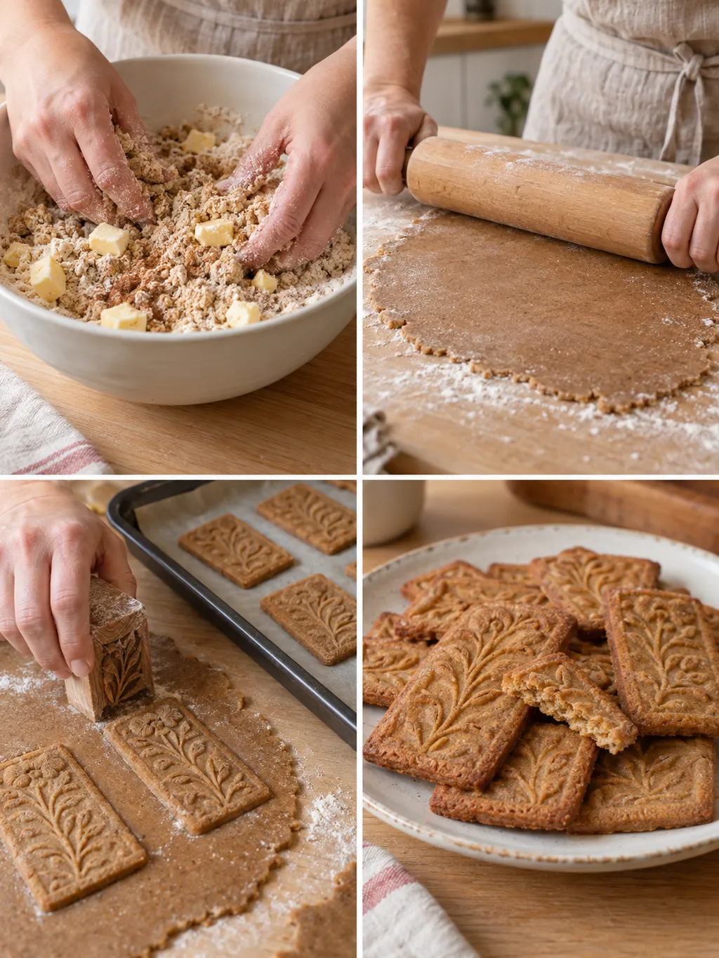 Spekulatiusteig beim Mischen, Ausrollen und Prägen sowie fertig gebackene Kekse