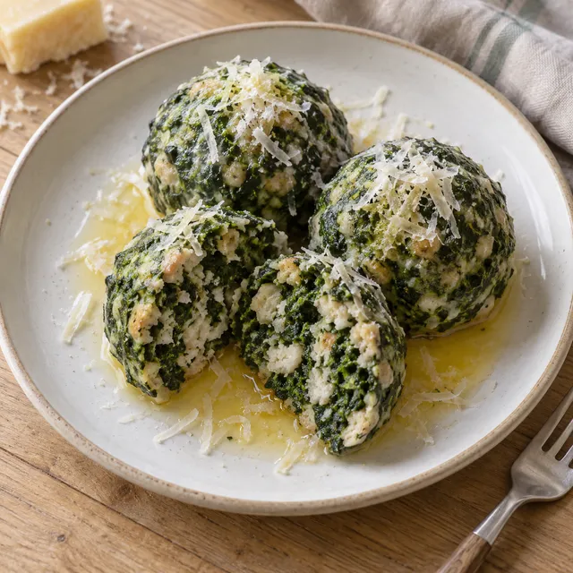 Spinatknödel mit Butter und geriebenem Hartkäse, einer mit sichtbarer Brot-Spinat-Schnittfläche