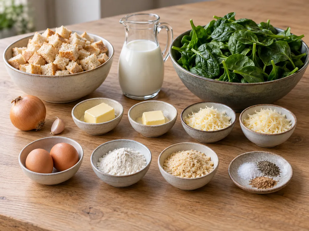 Brötchenwürfel, Blattspinat, Milch, Eier, Butter, Hartkäse und Gewürze für Spinatknödel