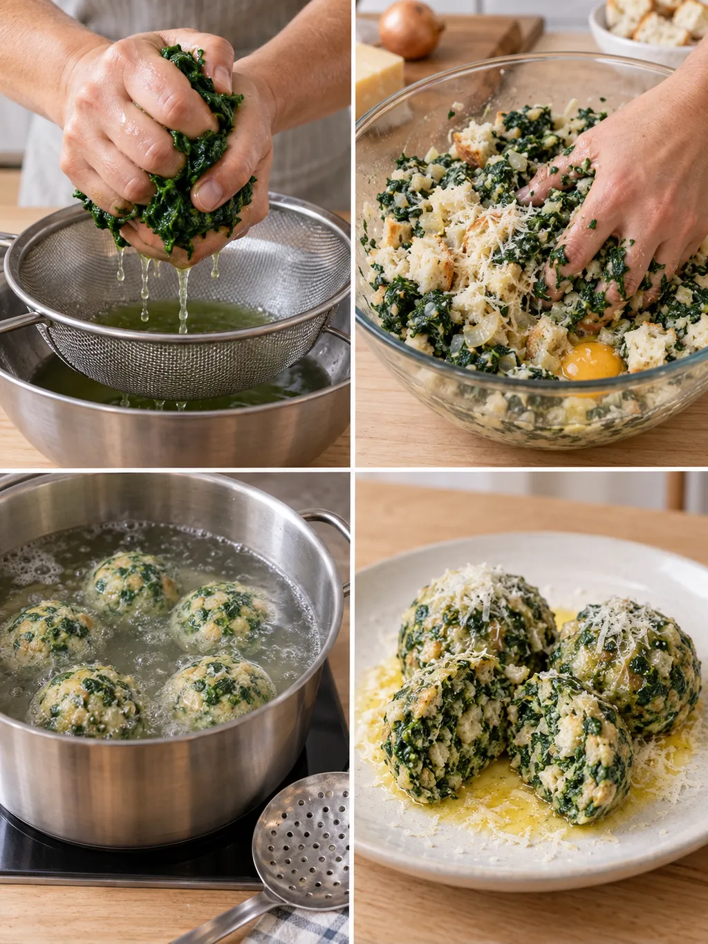 Spinat ausdrücken, Knödelmasse mischen, Knödel garen und mit Butter sowie Käse anrichten