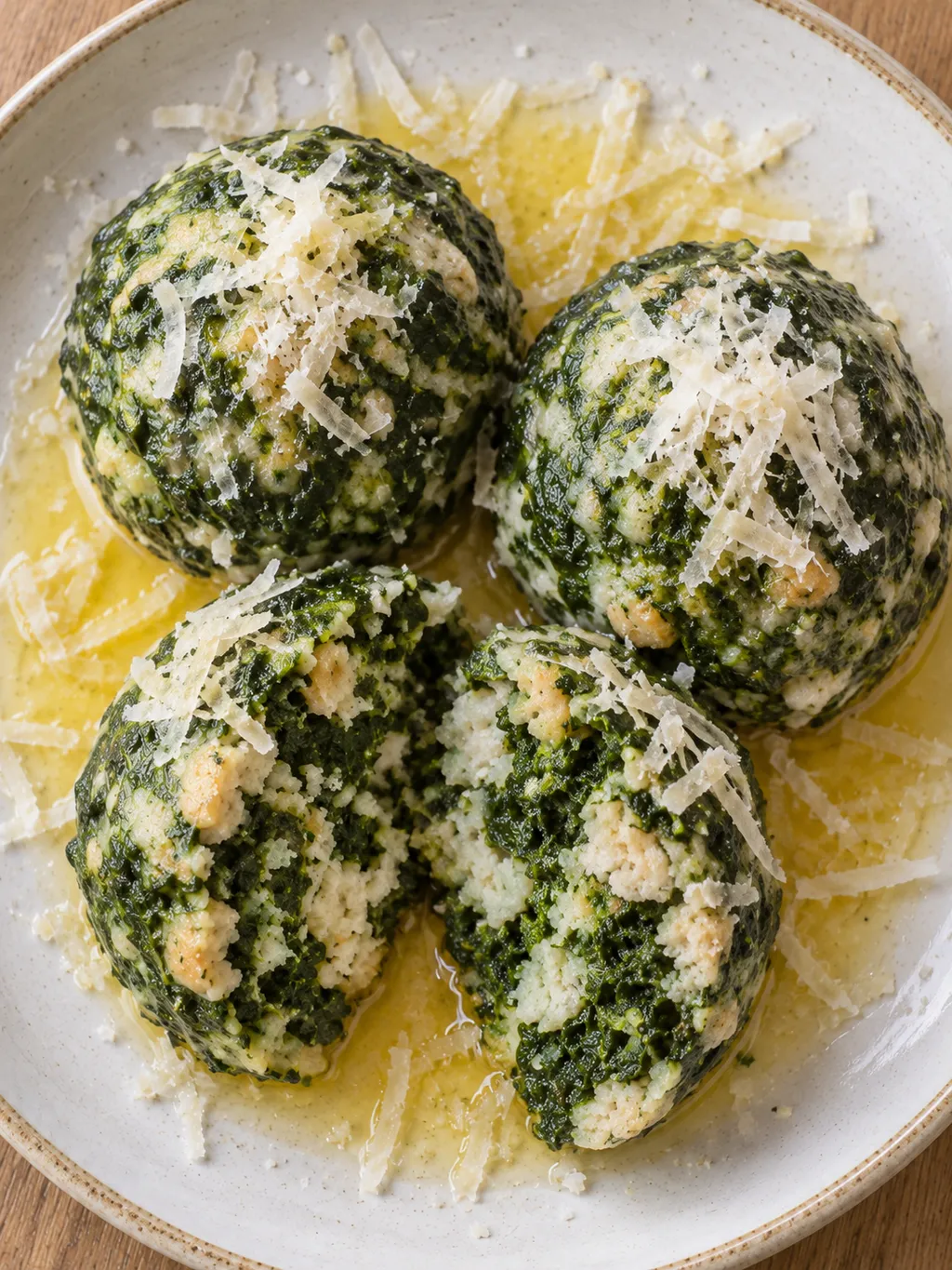 Spinatknödel mit feuchter Brot-Spinat-Füllung, zerlassener Butter und geriebenem Hartkäse