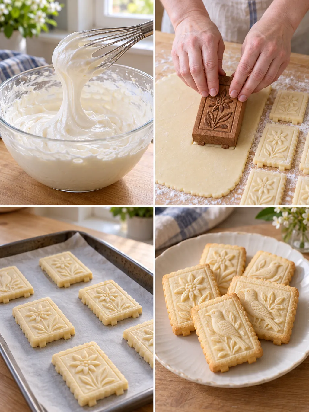 Springerle beim Aufschlagen, Prägen und Trocknen sowie fertig gebacken auf einem Teller
