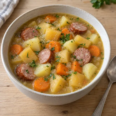 Steckrübeneintopf mit Kartoffeln, Möhren, Räucherwurst und Petersilie in einer hellen Schale