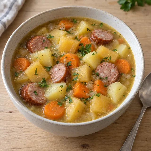Steckrübeneintopf mit Kartoffeln, Möhren, Räucherwurst und Petersilie in einer hellen Schale