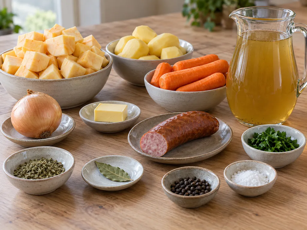 Steckrübe, Kartoffeln, Möhren, Räucherwurst und die übrigen Zutaten für den Eintopf