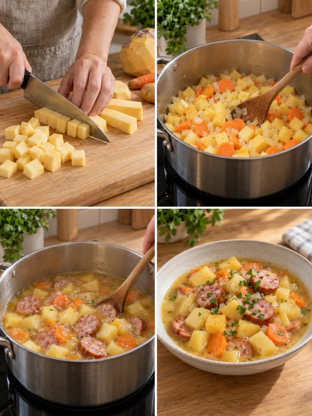Gemüse schneiden, anschwitzen und mit Wurst garen sowie fertig servierter Steckrübeneintopf