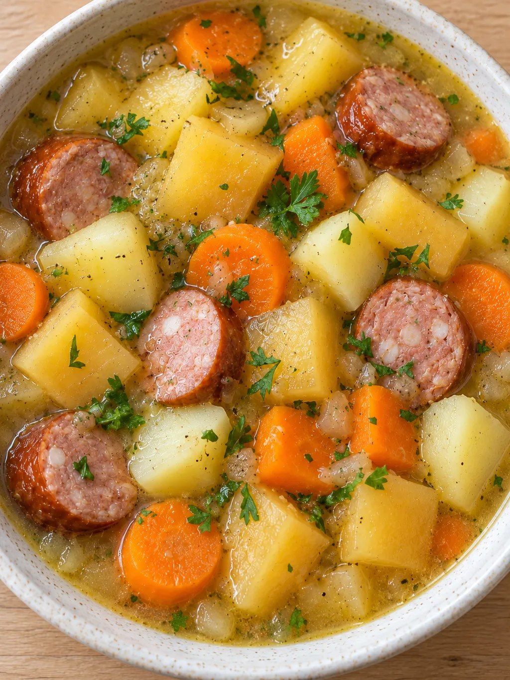 Steckrübeneintopf mit zarten Gemüsewürfeln, Wurstscheiben und frischer Petersilie