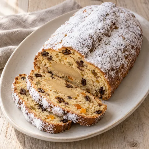 Stollen mit Puderzucker, Rosinen und hellem Marzipankern auf einer Keramikplatte