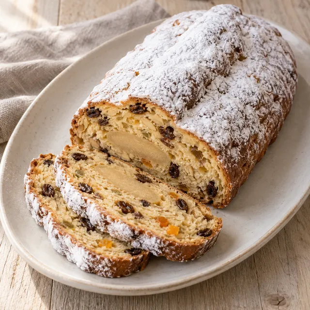 Stollen mit Puderzucker, Rosinen und hellem Marzipankern auf einer Keramikplatte