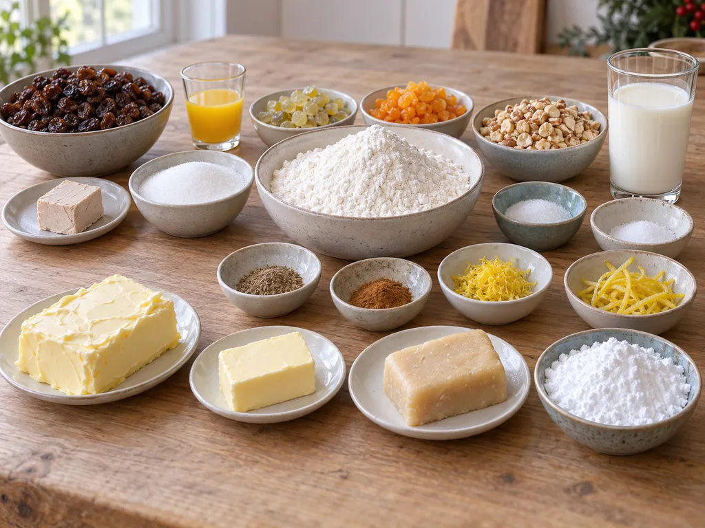 Mehl, Butter, Rosinen, Mandeln, Marzipan und weitere Zutaten für zwei Stollen