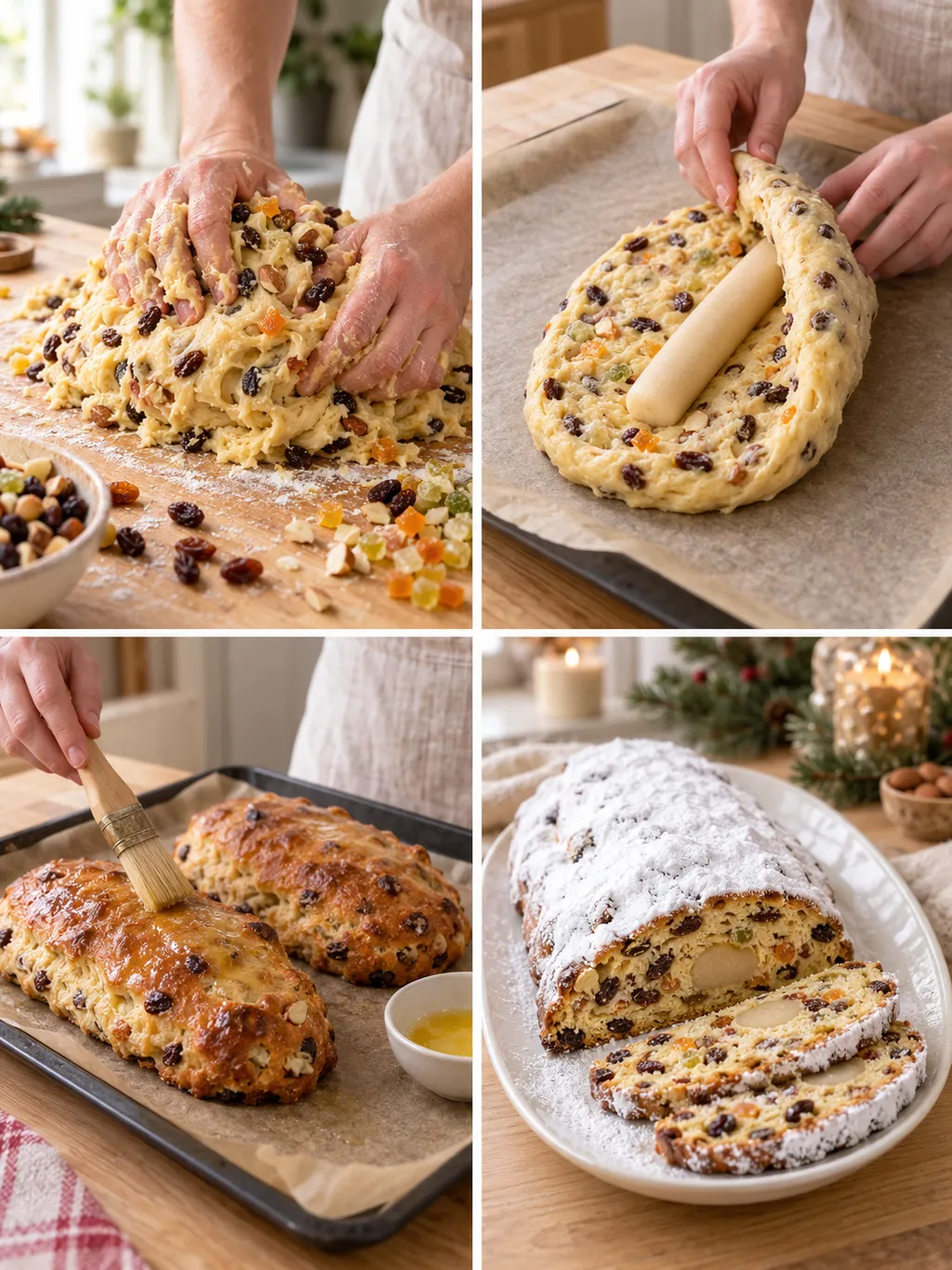 Stollenteig kneten, Marzipan einschlagen, gebackene Laibe buttern und fertigen Stollen servieren