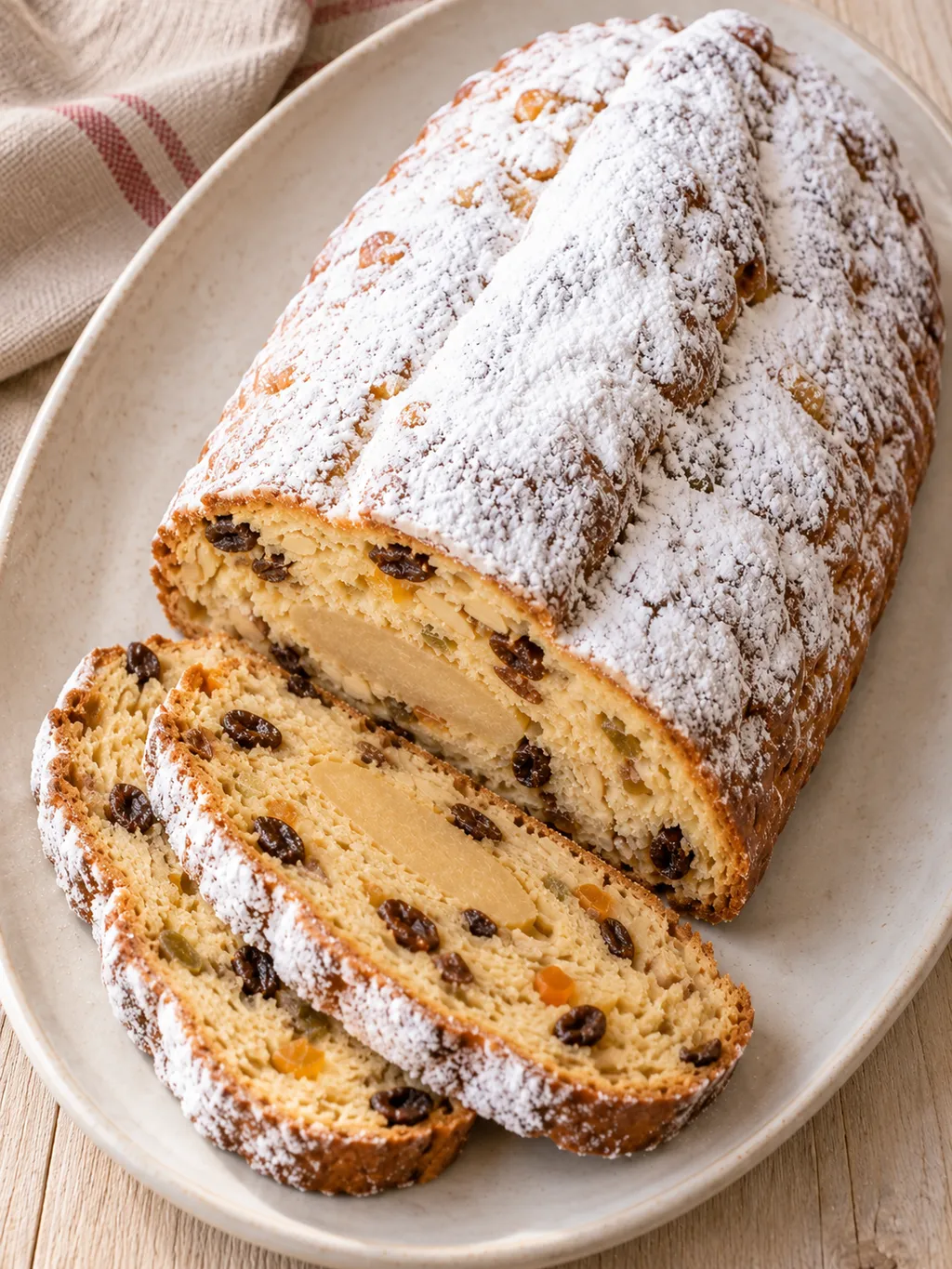 Angeschnittener Stollen mit Rosinen, Mandeln, Marzipankern und weißer Puderzuckerschicht