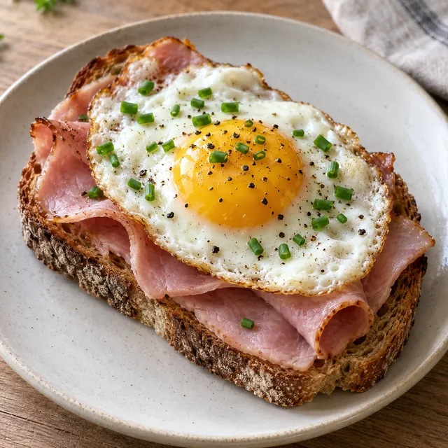 Strammer Max auf Roggenmischbrot mit Kochschinken, Spiegelei und Schnittlauch