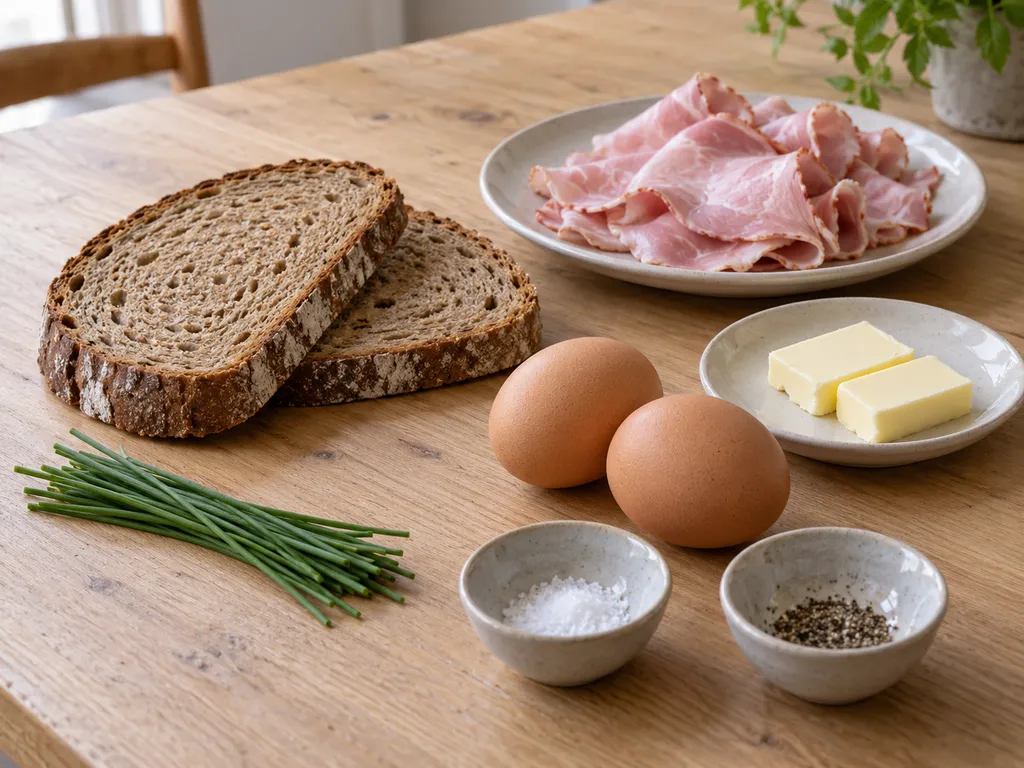 Roggenmischbrot, Kochschinken, zwei Eier, Butter, Schnittlauch, Salz und Pfeffer