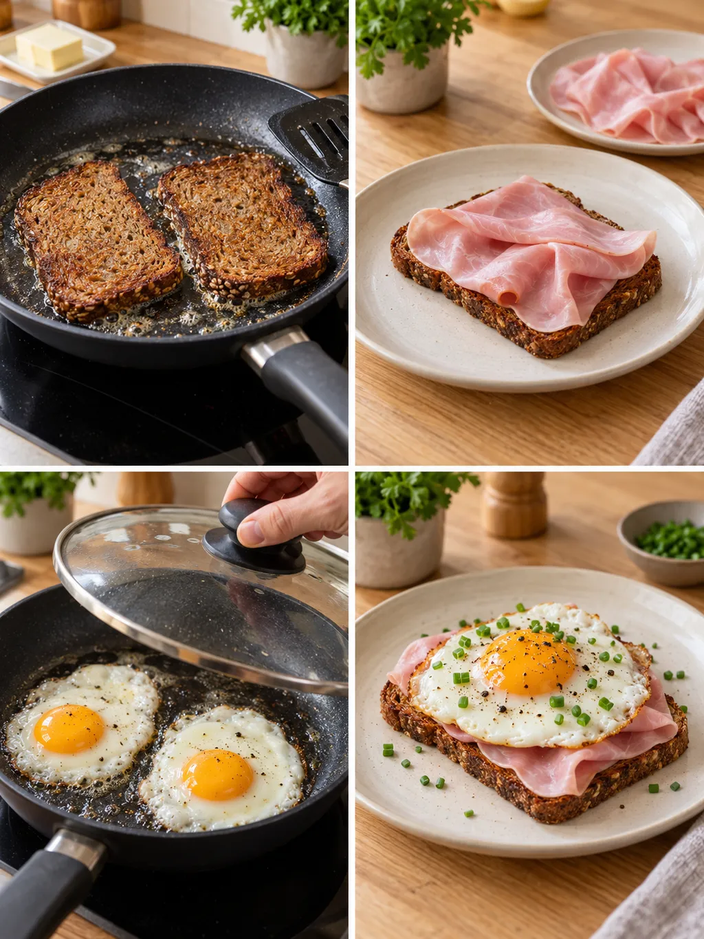 Brot rösten, mit Schinken belegen, Eier braten und Strammen Max anrichten
