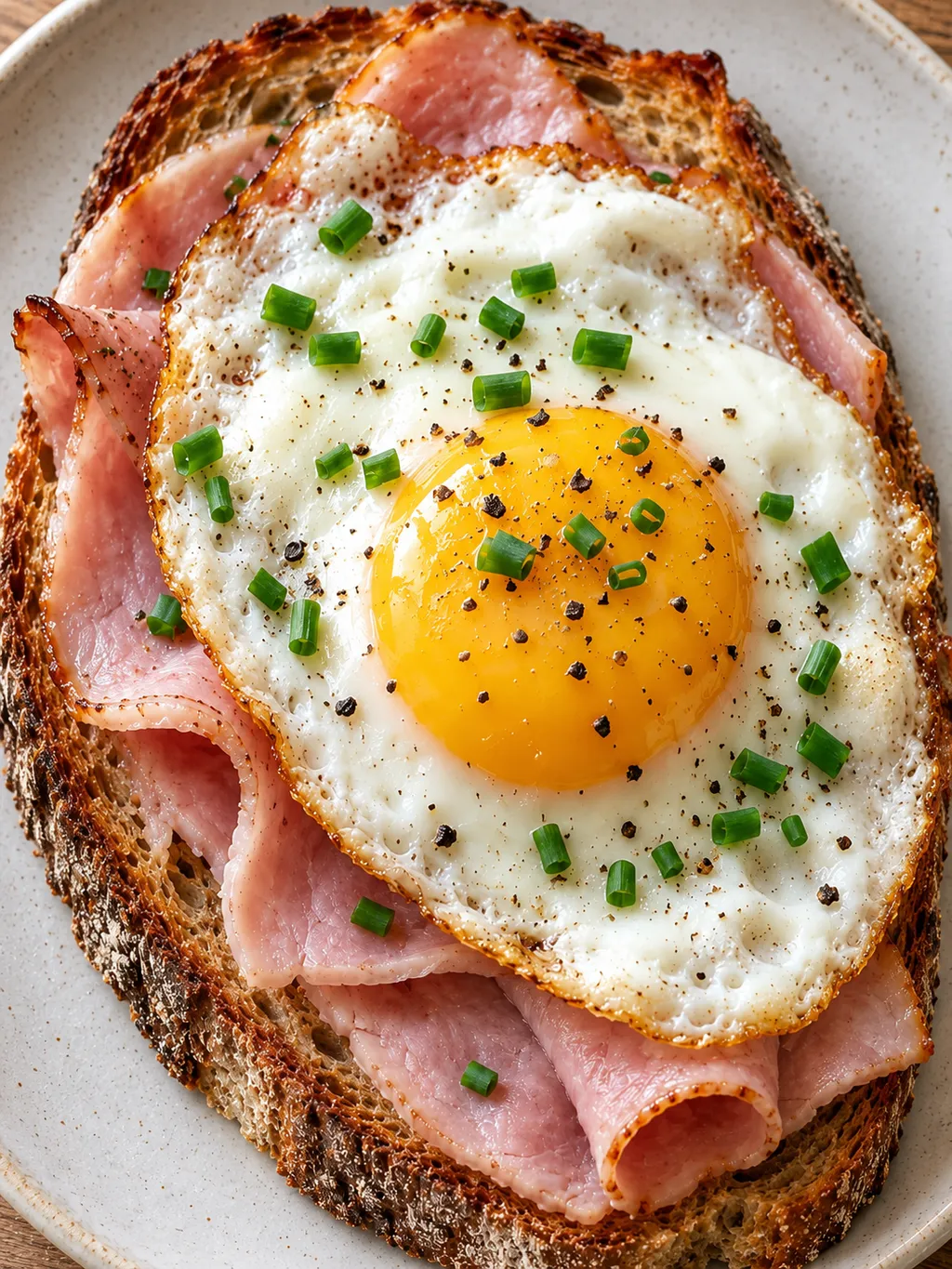 Strammer Max mit gerösteter Brotkruste, gefaltetem Kochschinken und Schnittlauch