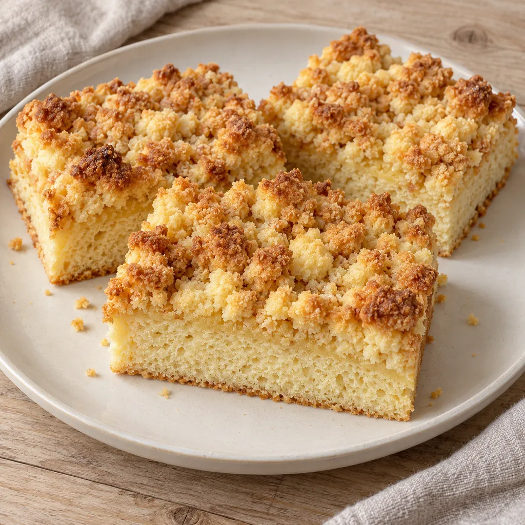 Streuselkuchen mit weichem Hefeboden und goldbraunen Butterstreuseln auf einem Teller