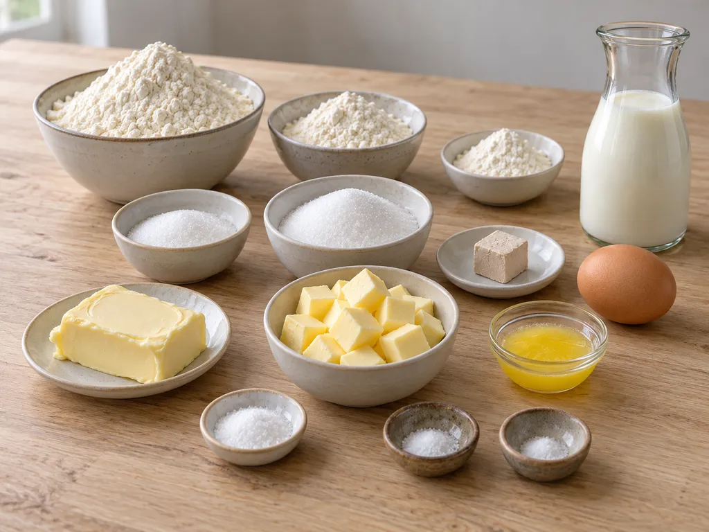 Mehl, Milch, Hefe, Ei, Butter, Zucker, Vanillezucker und Salz für Streuselkuchen