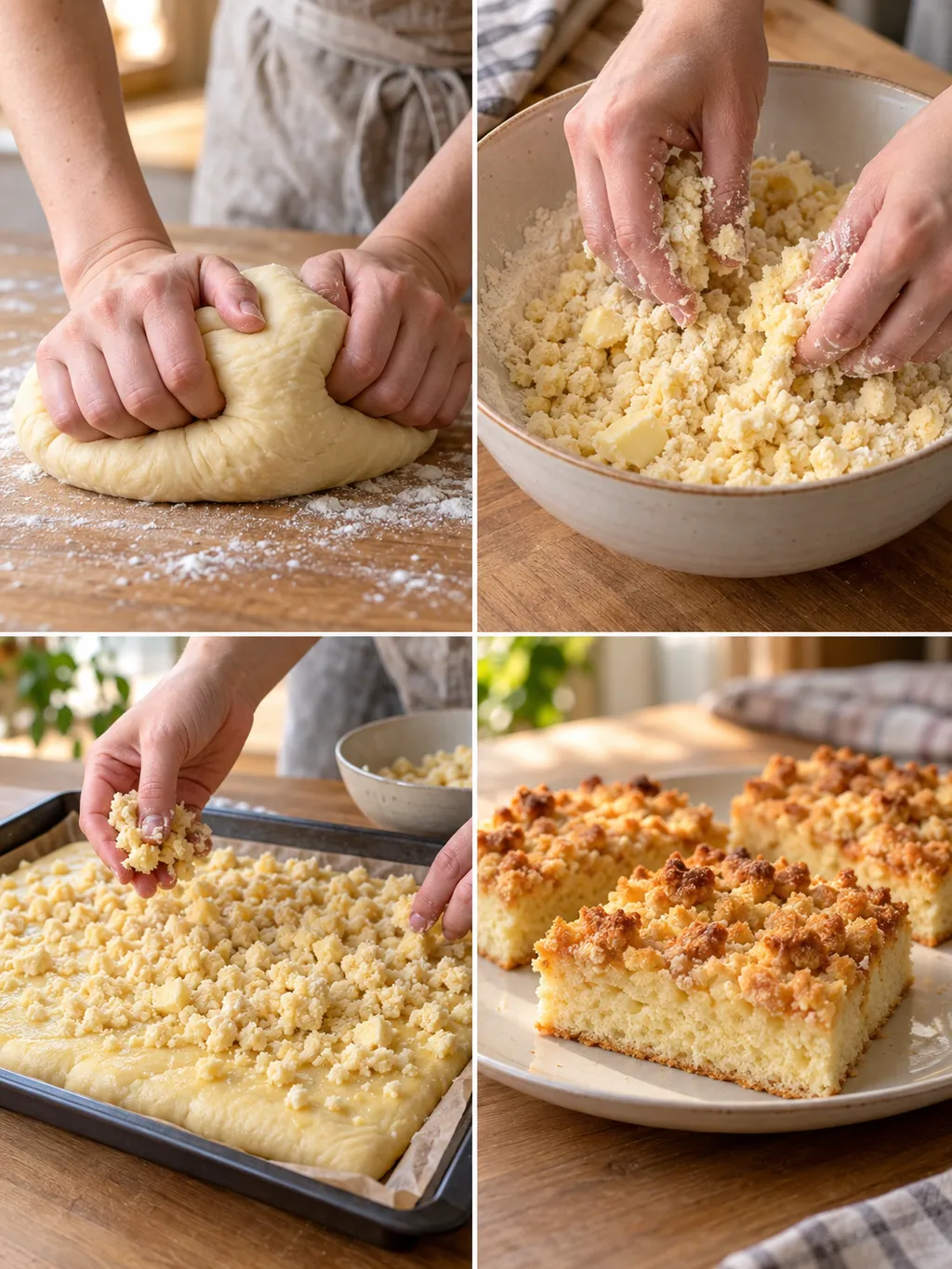 Hefeteig kneten, Butterstreusel formen, Kuchen belegen und gebackenen Streuselkuchen servieren