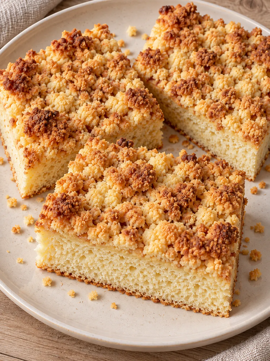 Goldbraune Butterstreusel auf rechteckigen Stücken Streuselkuchen mit hellem Hefeboden