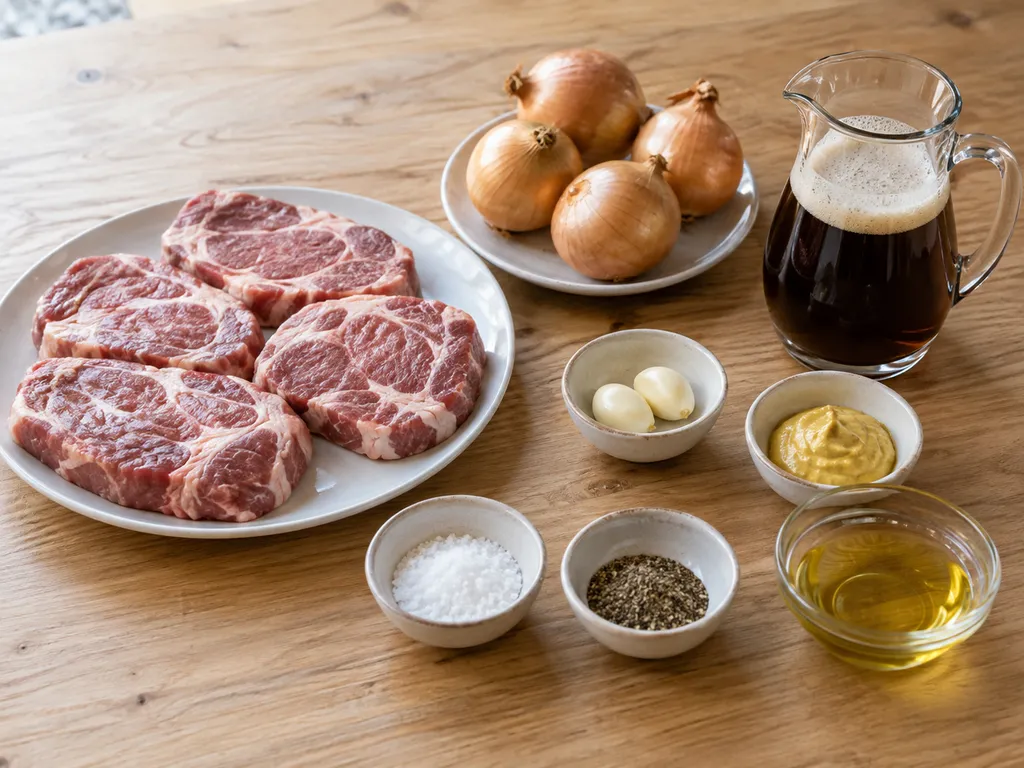 Schweinenacken, vier Zwiebeln, Knoblauch, Senf, dunkles Bier, Öl, Salz und Pfeffer