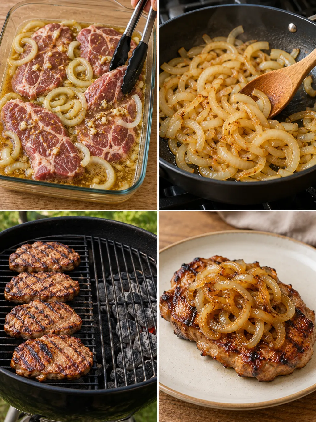 Rostbrätel marinieren, Zwiebeln braten, Steaks grillen und mit Bierzwiebeln servieren