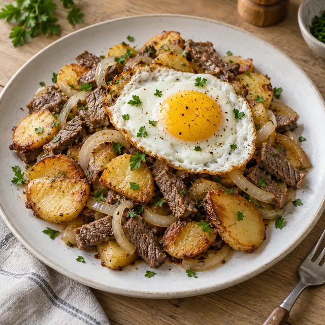 Tiroler Gröstl mit goldbraunen Kartoffeln, Rindfleisch, Spiegelei und Petersilie