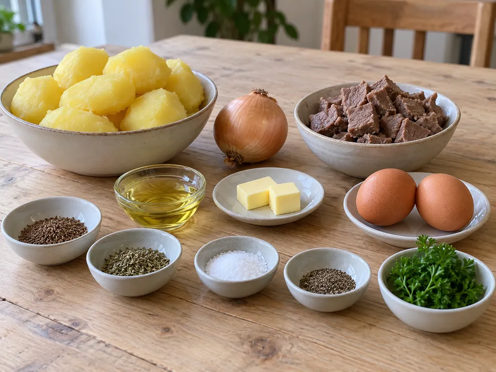 Kartoffeln, gegartes Rindfleisch, Zwiebel, zwei Eier und Gewürze für Tiroler Gröstl