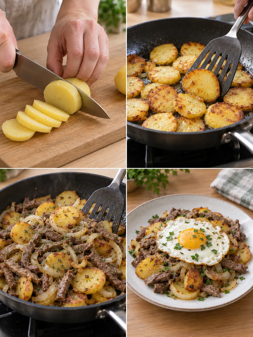 Zubereitung von Tiroler Gröstl vom Kartoffelschneiden bis zur Portion mit Spiegelei