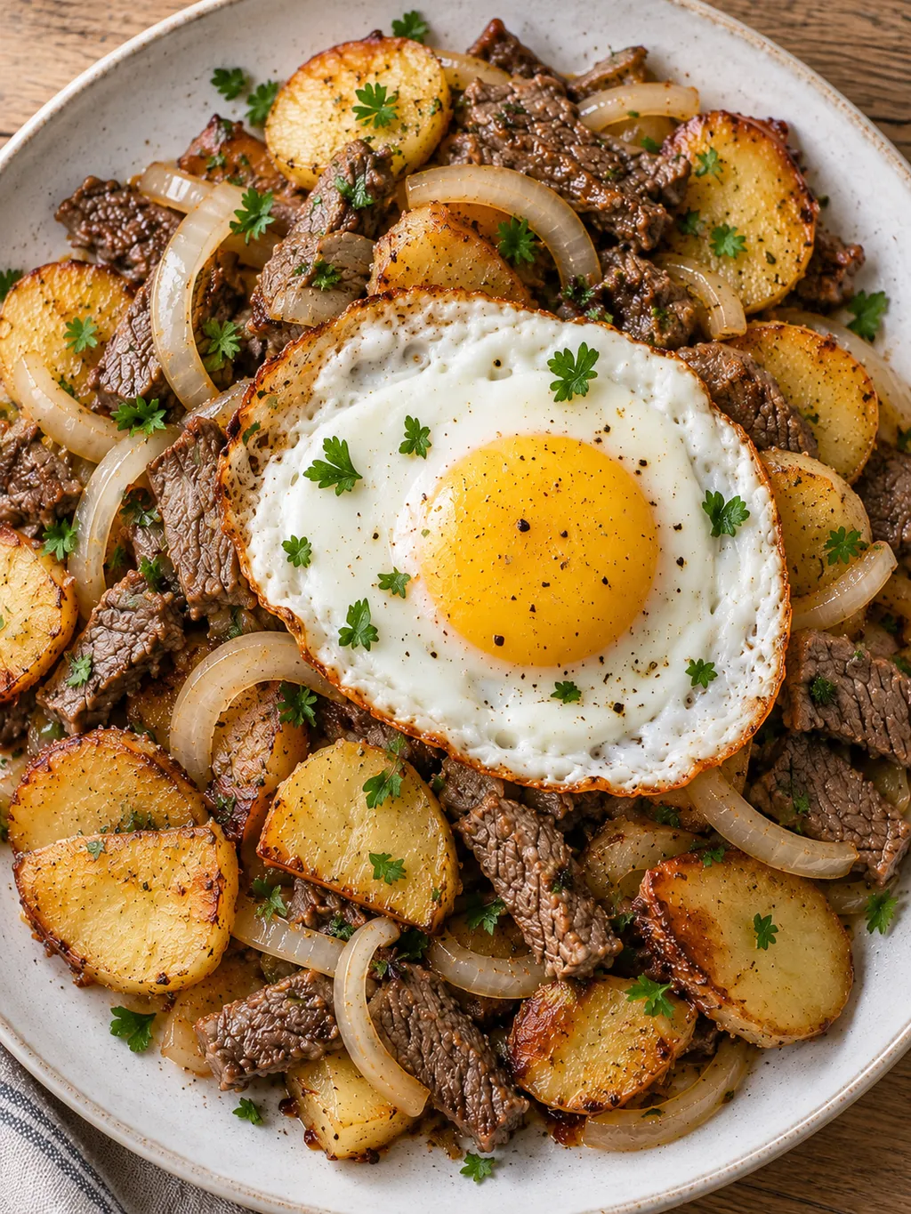 Tiroler Gröstl mit knusprigen Kartoffelscheiben und einem Spiegelei von oben