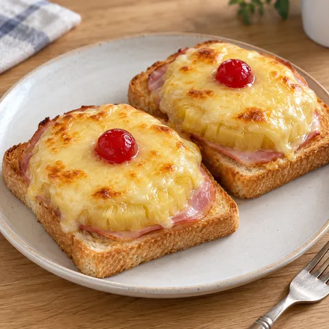 Toast Hawaii mit Schinken, Ananas, geschmolzenem Gouda und roten Cocktailkirschen