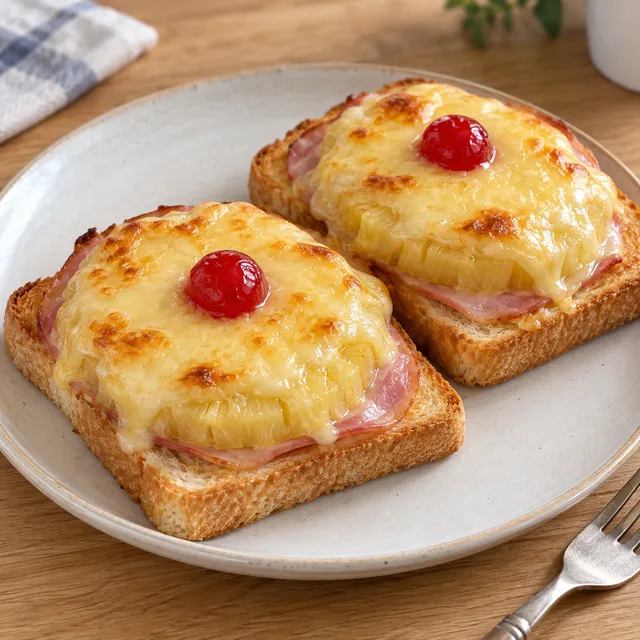 Toast Hawaii mit Schinken, Ananas, geschmolzenem Gouda und roten Cocktailkirschen