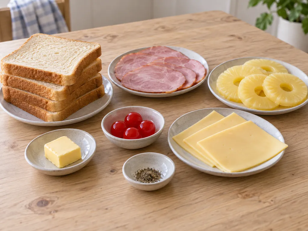 Toastbrot, Butter, Kochschinken, Ananasringe, Gouda, Cocktailkirschen und Pfeffer