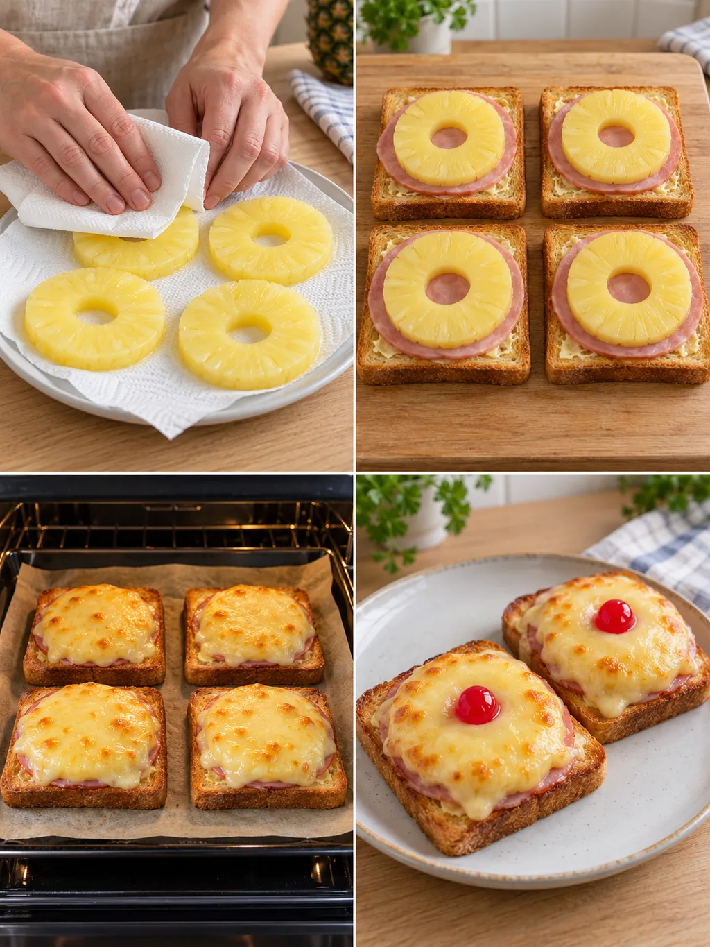 Ananas trocknen, Toasts belegen, Gouda schmelzen und fertigen Toast Hawaii servieren